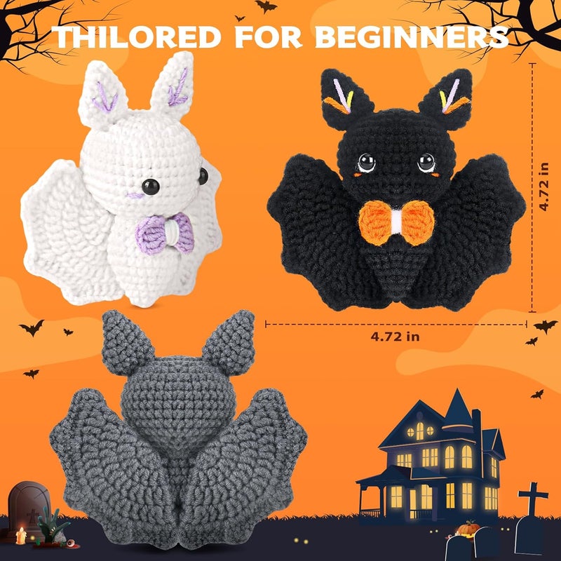 Crochetta Crochet Kit for Beginners, Beginner Crochet Kit for Adults with Step-by-Step Video Tutorials, Halloween Gifts DIY Crochet Animal Kits Knitting Supplies, 3 Pack Bat (40%+ Yarn) - Image 3